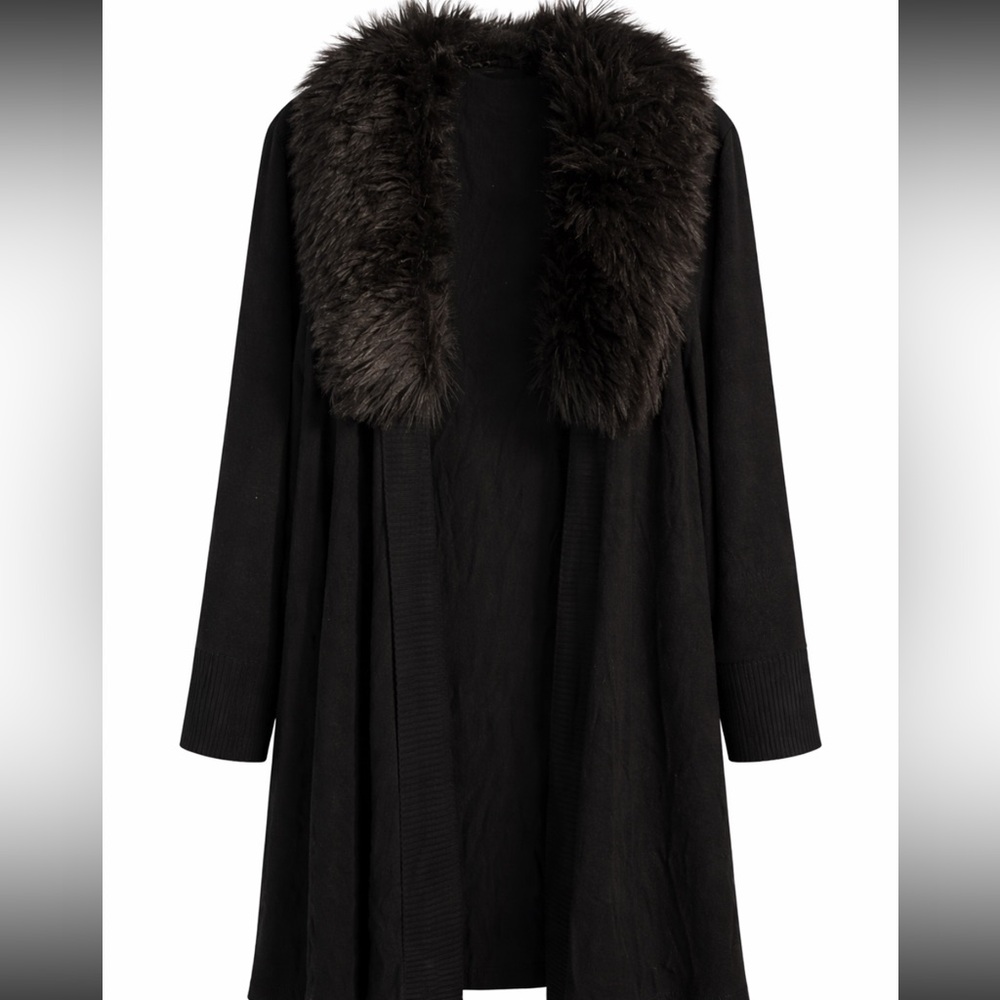Sioni Black Faux Fur Collar Open Front Cardigan